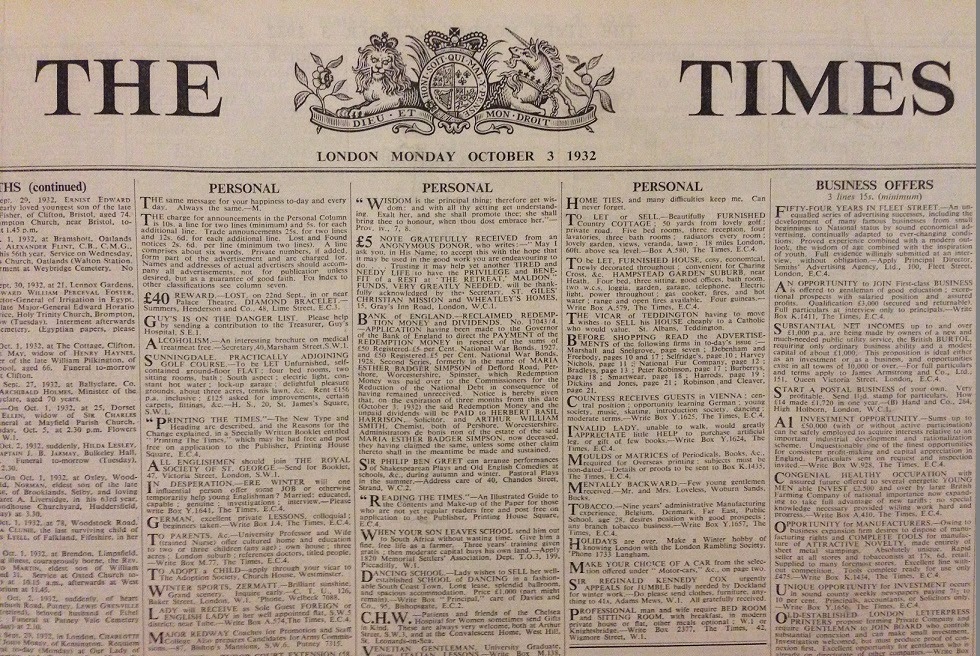An issue of the Times, 1932. (Utilising the commissioned font)